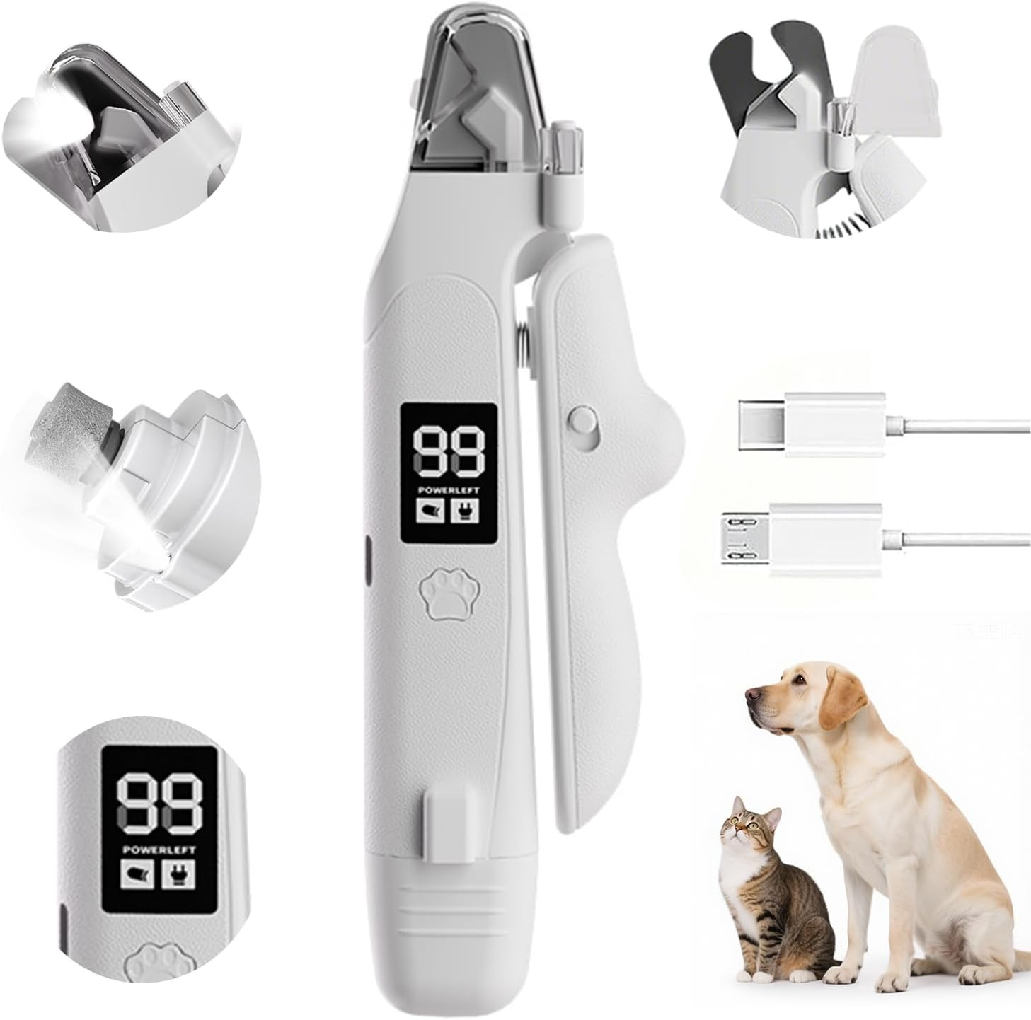 Cortaúñas y lima eléctrica 2 en 1 con luz LED para perros y gatos