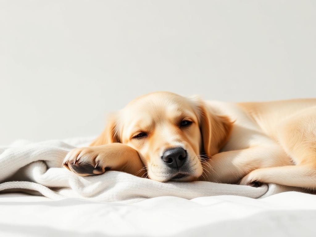 Perro tranquilo descansando con la pata apoyada sobre una manta